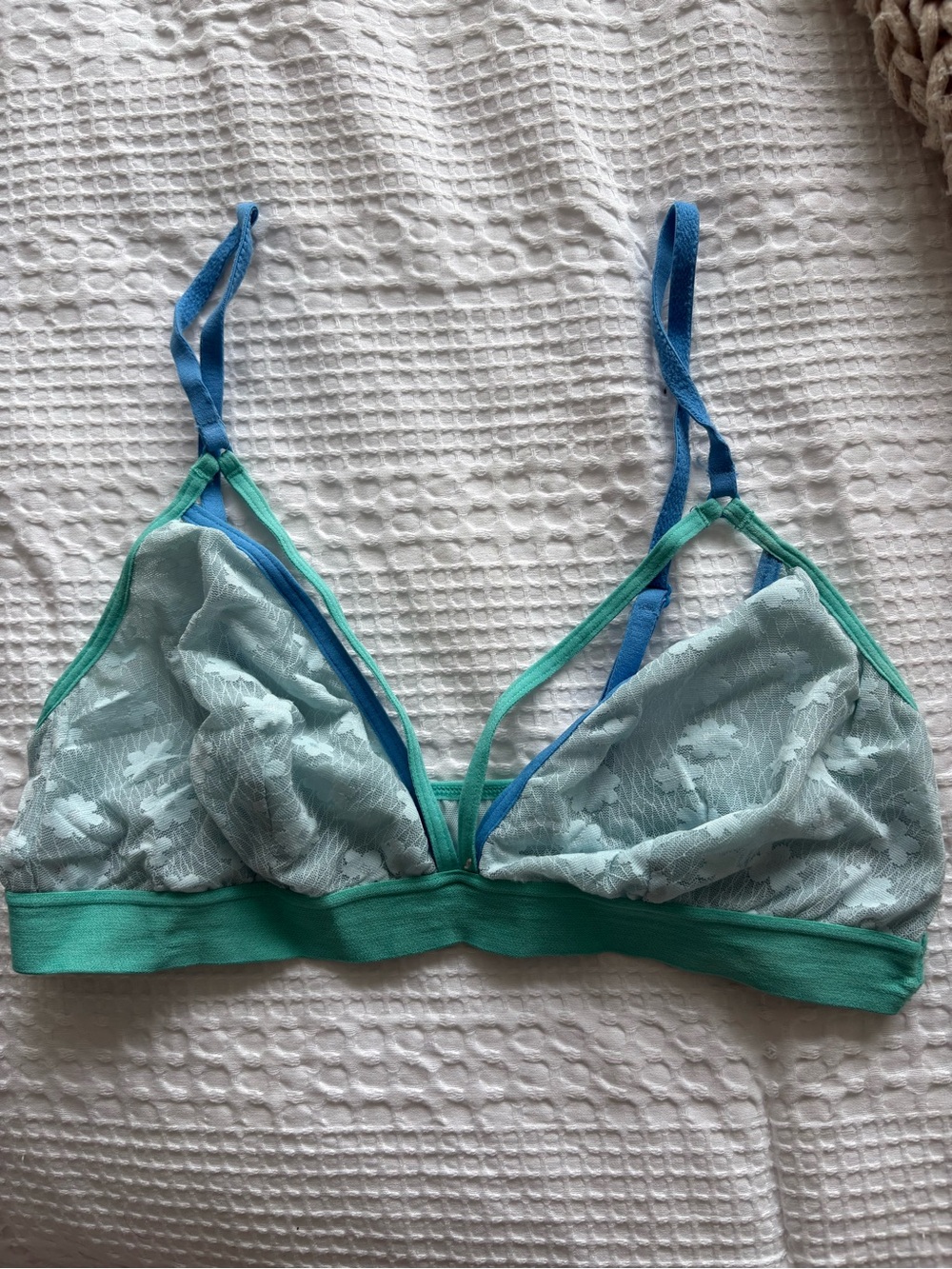 Colsie Mint Green Lace Triangle Bralette with Teal Band and Blue Straps